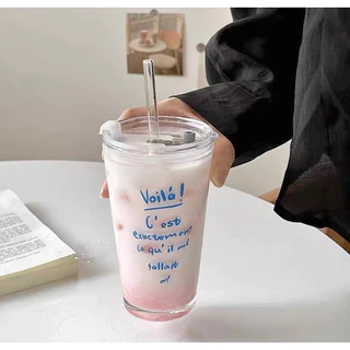 แก้วน้ำใสสไตล์ฝรั่งเศส 400ml พร้อมหลอด-rench clear tumbler with straw ถ้วยกาแฟ-มีหลอดและฝาปิด