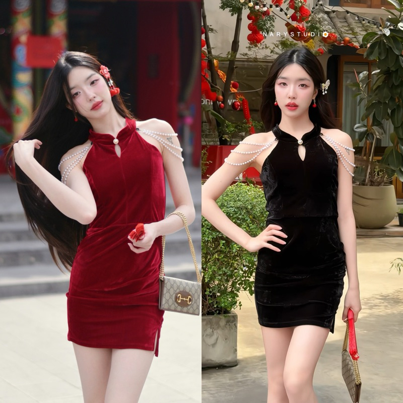 เพียง 364.- เมื่อกดใช้โค้ดลด 30% หน้าร้าน เดรสตรุษจีน เดรสแขนกุดกำมะหยี่สายมุกสวยมาก