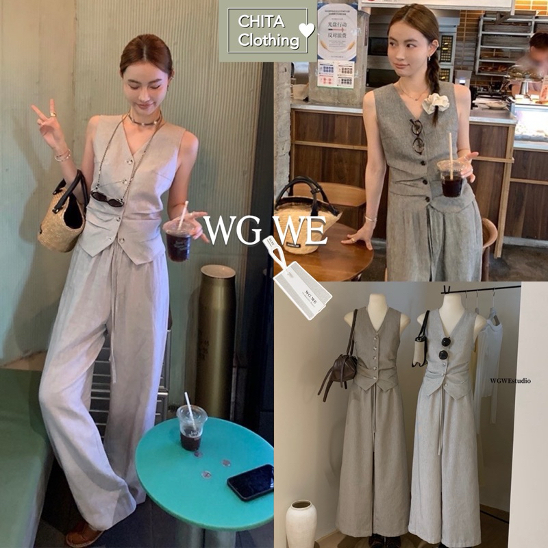 3645# Set 2 pcs เสื้อ แขนกุดกระดุมหน้าลายริ้ว + กางเกงขายาว เนื้อผ้าดี งานสวย มีกระเป๋าล้วงข้าง  TAG:WG.WE 🇰🇷