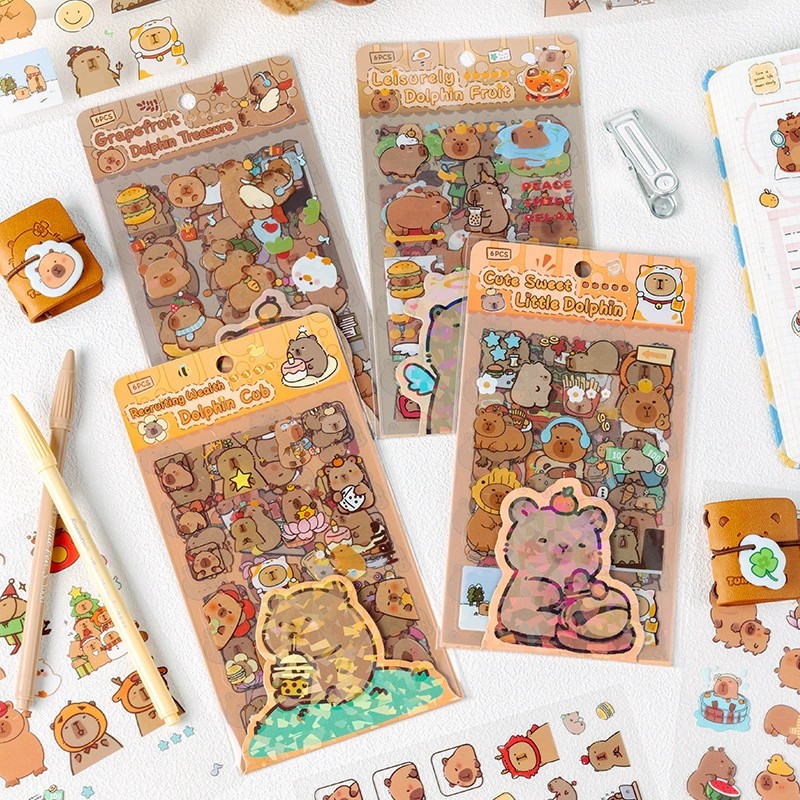 [พร้อมส่ง] DIY สติ๊กเกอร์ 6 แผ่น/ชุด คาปิบาร่า ขอบใส กันน้ำ น่ารัก  แคพิบารา หนูยักษ์ Cute Capybara Cartoon PET Sticker