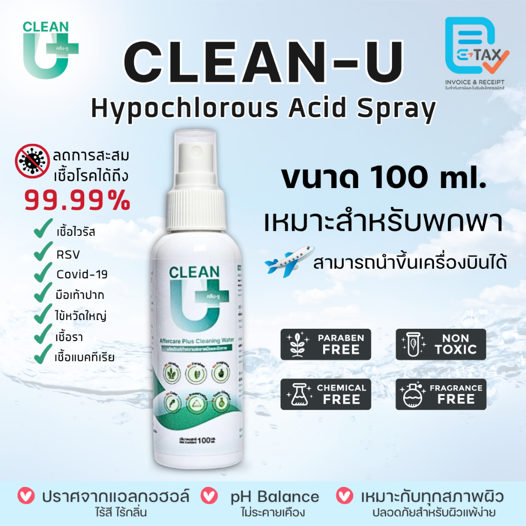 Clean-U Affercare Cleaning Water Hypochlorous Spray 100 ml ไฮโปคลอรัสสเปรย์ ลดการสะสมแบคทีเรีย ผิวกาย