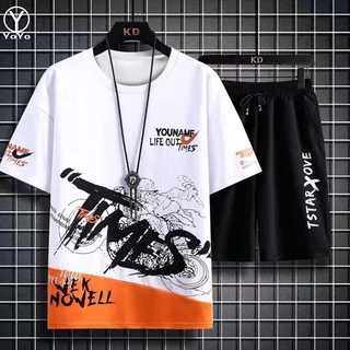 YOYO ชุดแฟชั่นชายเสื้อยืดแขนสั้น + กางเกงขาสั้น ผ้าแห้งเร็วหลวมชุดกีฬาและชุดพักผ่อน รุ่น2804