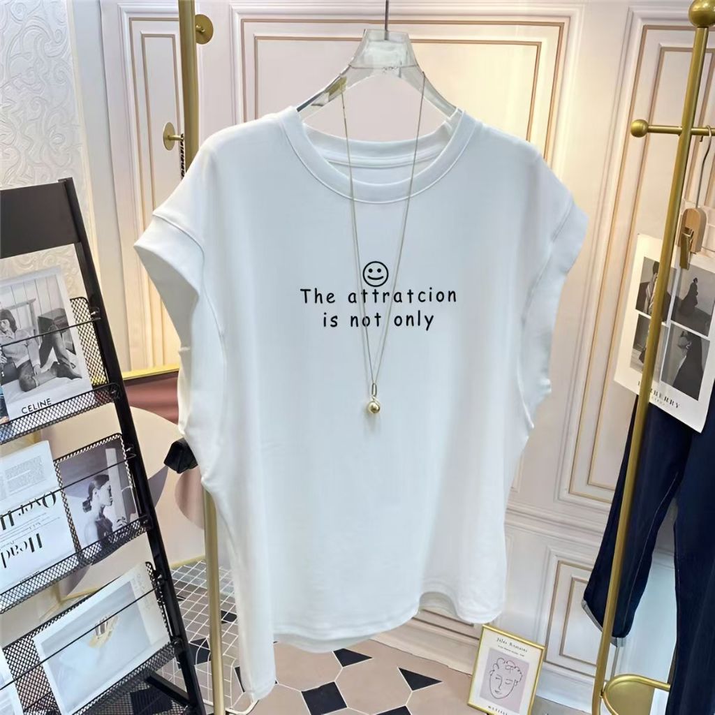 เสื้อแขนกุดลําลองทรงหลวมสไตล์เกาหลีน่ารัก สกรีนพิมพ์ลาย oversize เสื้อผ้าสาวอวบแฟชั่นฤดูร้อนใหม่ เสื้อยืดสวยๆผู้หญิง 3XL