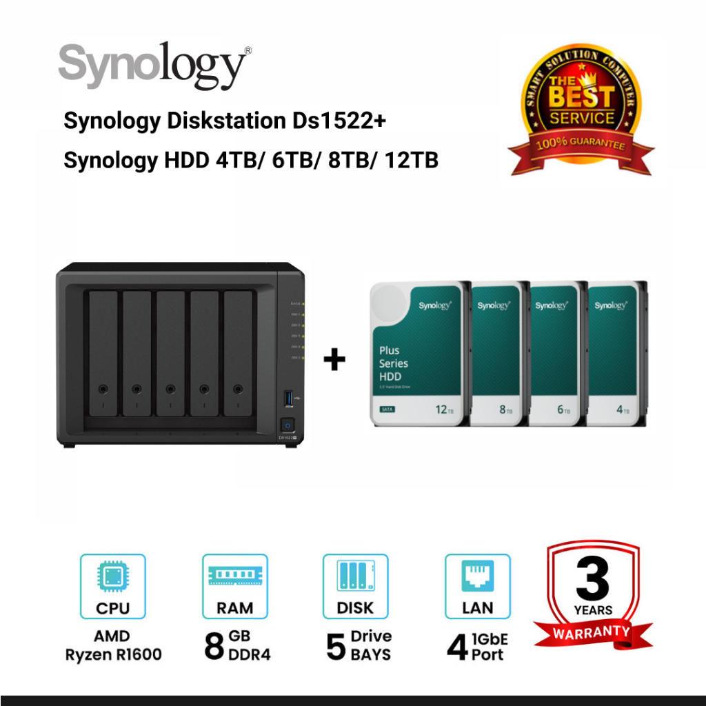 Synology DiskStation DS1522+ 5 Bays Nas + Synology HDD 4TB/6TB/8TB/12TB