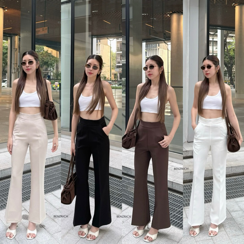 ขาม้าเล็ก flare pants ซิปข้างผ้าไอวี่ กางเกงแฟชั่นทำงาน