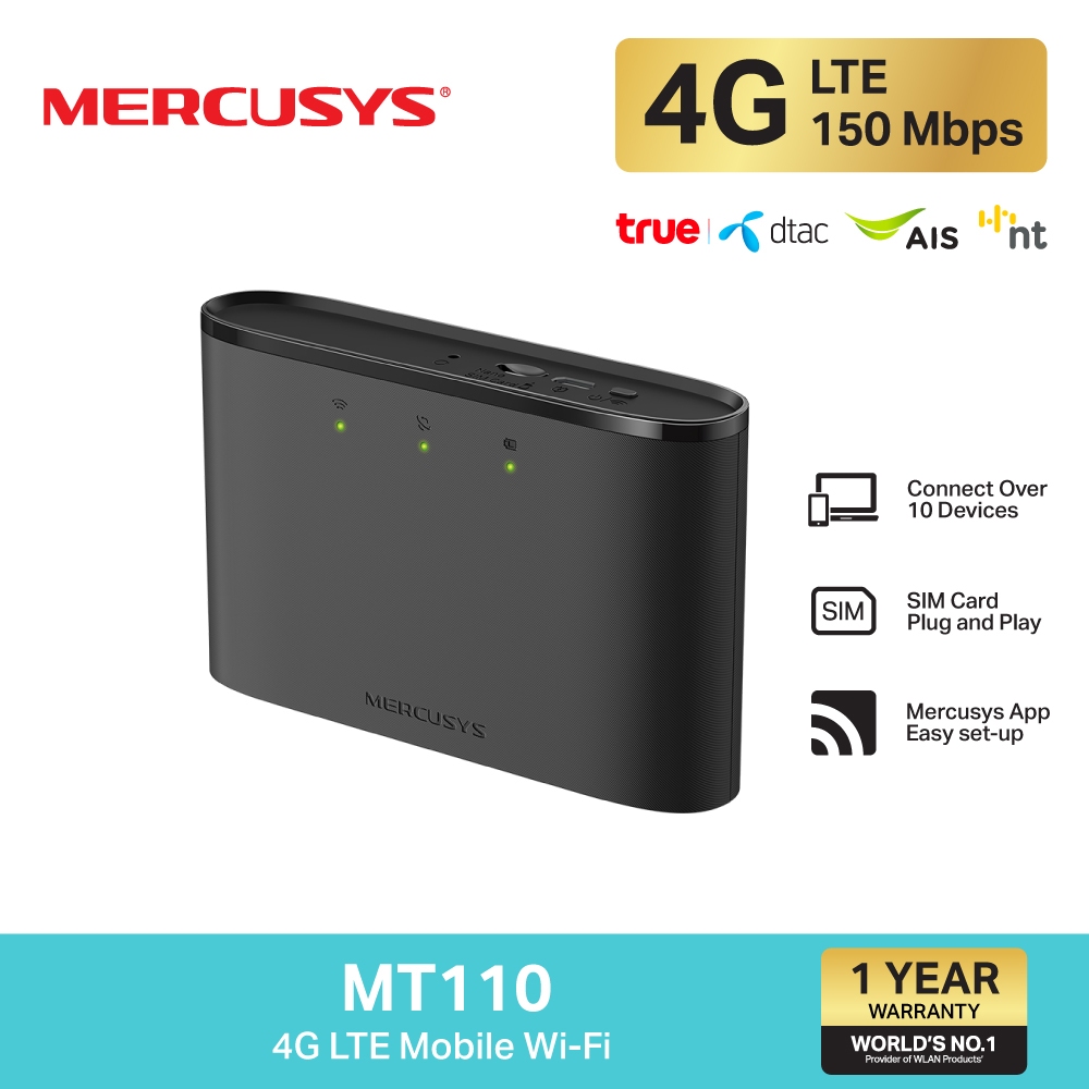 Mercusys MT110 4G LTE Mobile Wi-Fi พ็อคเก็ตไวไฟ แชร์สัญญาณเน็ตได้สูงสุด 10 อุปกรณ์พร้อมกัน แบต 2200mAh ใช้งานได้นาน10ชม.