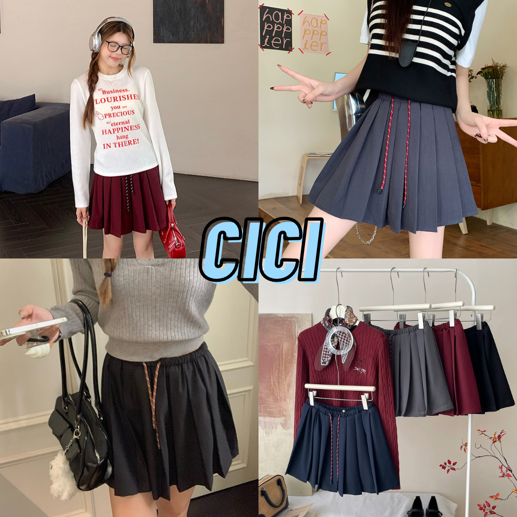 ส่งทันที Cici(NO. 2560)กระโปรงพลีทสั้นเอวสม็อค มีเชือกด้านหน้าใช้งานได้จริง ผ้าหนามีซับใน สไตล์ฝรั่งเศษ