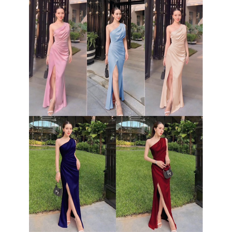 ชุดราตรี ออกงานเดรสยาว S/M/L ไหล่เฉียงข้างเดียว อกเอวจับจีบผ่าแหวกด้านหน้า งานมีซับในผ้าซาตินเงา ทรงสวยขายดีสุดๆ