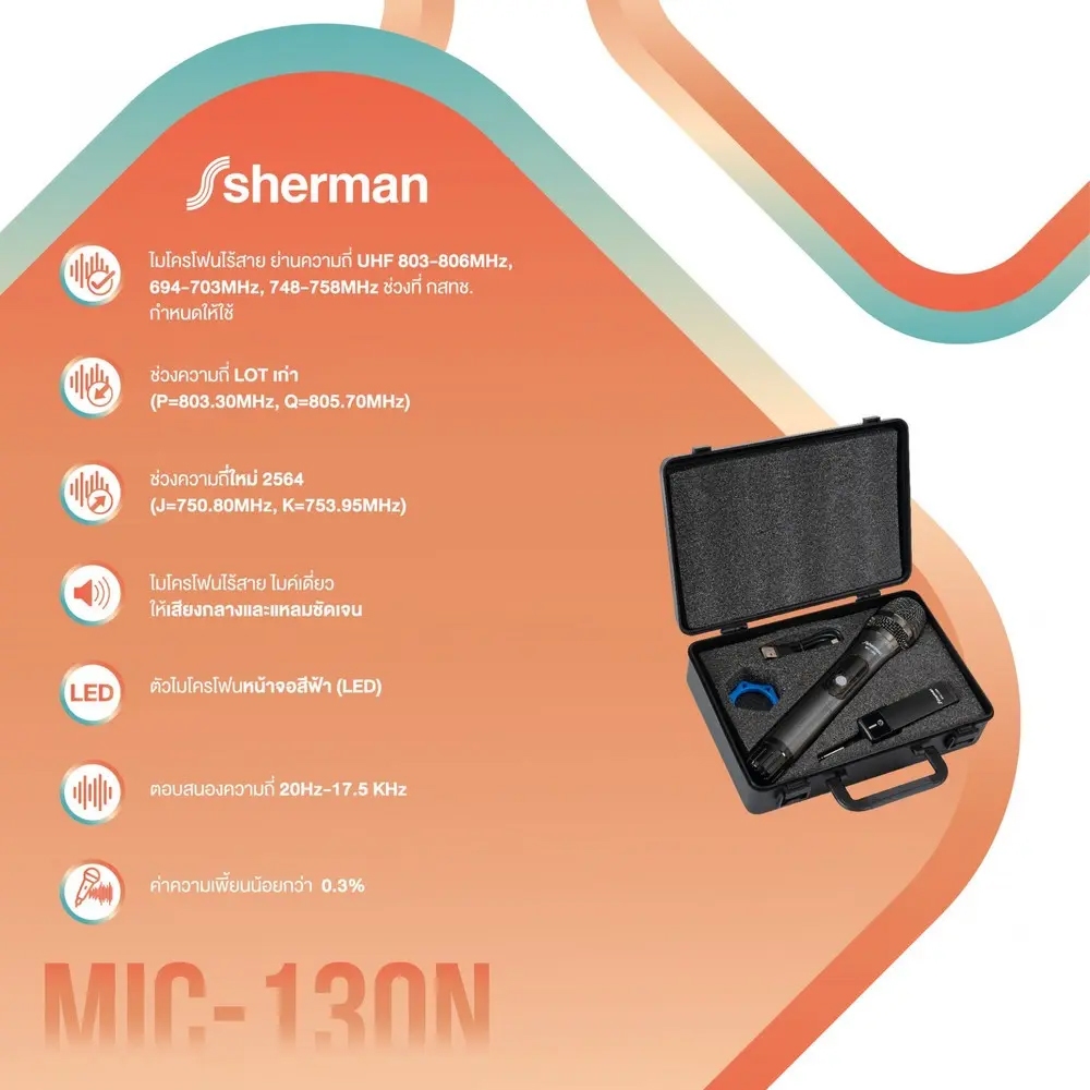 ไมโครโฟนไร้สาย ไมค์เดี่ยว  ตัวไมโครโฟนหน้าจอ LED สีฟ้า Sherman  รุ่น MIC-130N