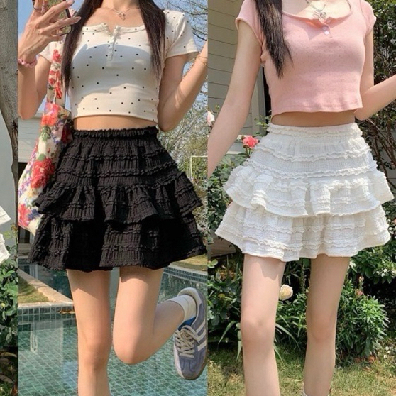 Lisa🌈พร้อมส่ง🦄กระโปรงลูกไม้ระบาย2ชั้น กระโปรงบัลเล่ต์ แต่งระบาย มีซับในกางเกง สไตล์เวียดนาม เอวสูงเข้ารูป สาวหวานน่ารัก