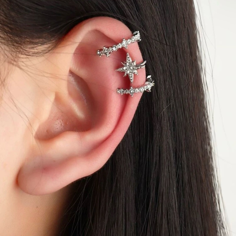 3 ชิ้นต่างหูเกี่ยวคล้อง ประกายดาวแฉกเงินแบบเกาะหู ต่างหูหนีบหู ไม่ต้องเจาะ