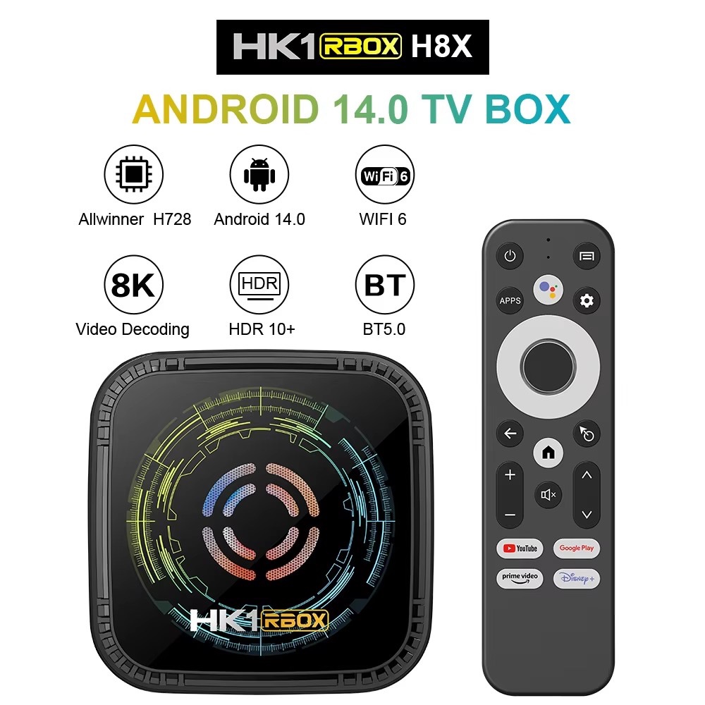 HK1 8X Android 14 Smart TV box ALLWINNER H728 BT5.X ถอดรหัสวิดีโอ Wifi6 Lan1000M รุ่นใหม่ปี2025