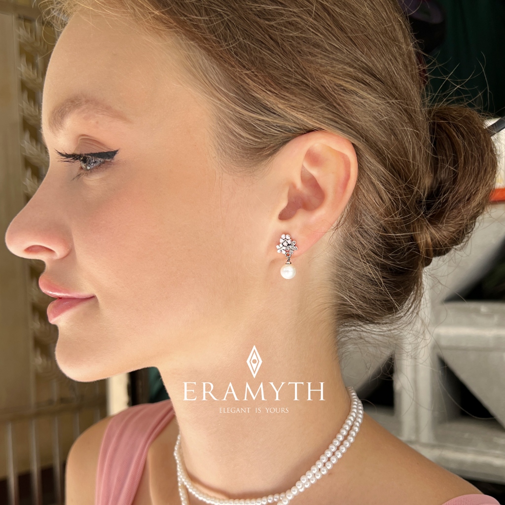 Eramyth Jewelry ต่างหูปักก้าน เงินแท้ 925 ดีไซน์ดอกไม้ ลงสี Enamel ห้อยมุก งานแท้น้ำจืด (พร้อมส่ง) S