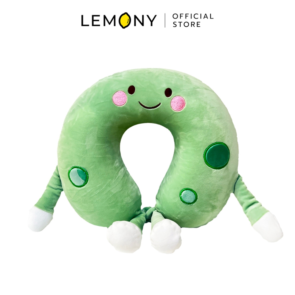LEMONY Cute cartoon face U-shaped pillow (Green) หมอนรองคอรูปตัวยู ลายการ์ตูนสุดคิวท์ สีเขียว ขนาด 270 กรัม