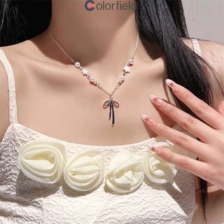 Colorfield สร้อยคอมุก จี้ประดับโบว์ ย้อนยุคหวาน สไตล์เกาหลี ความรู้สึกระดับไฮเอนด์ ผู้หญิง เข้ากับทุกชุด-COD