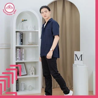 เสื้อช็อป ช่าง ใส่ทำงาน สีกรม คอเชิ้ตแขนสั้น ปักชื่อฟรี ! +รับปักโลโก้