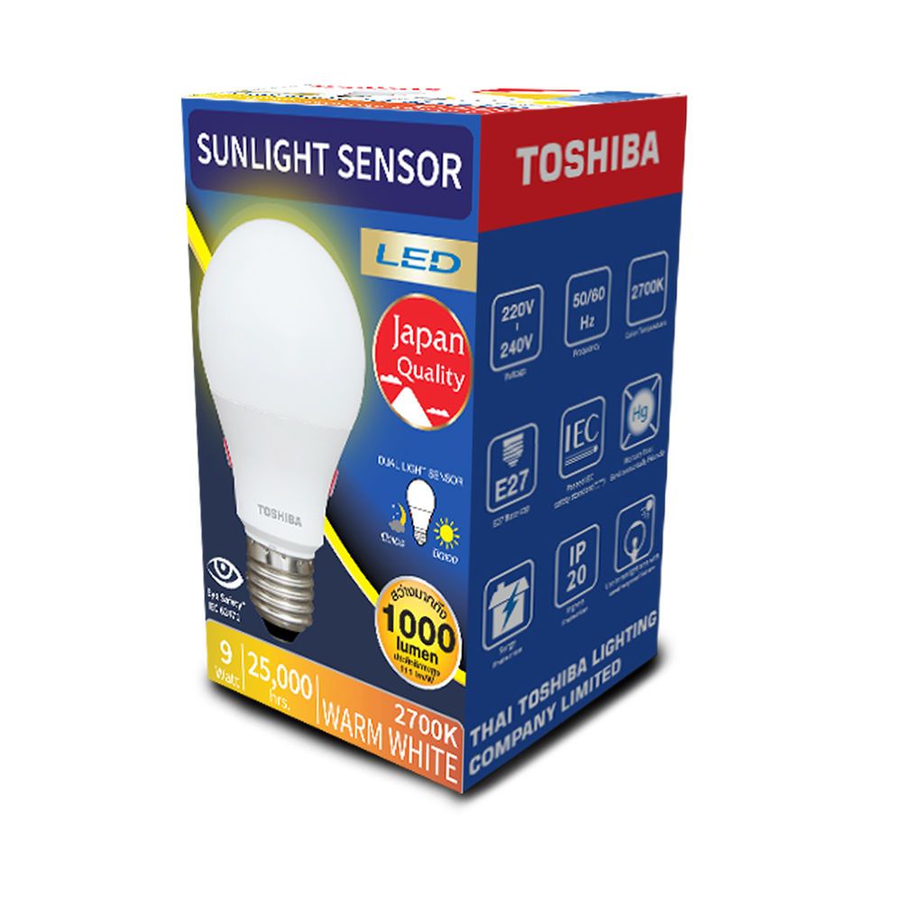 หลอดไฟLED 9W TOSHIBA เปิดเองกลางคืน LIGHT SENSOR 9W เปิด/ปิด อัตโนมัติ มาตรฐานญี่ปุ่น ปิดเองกลางวัน Sunlight Sensor