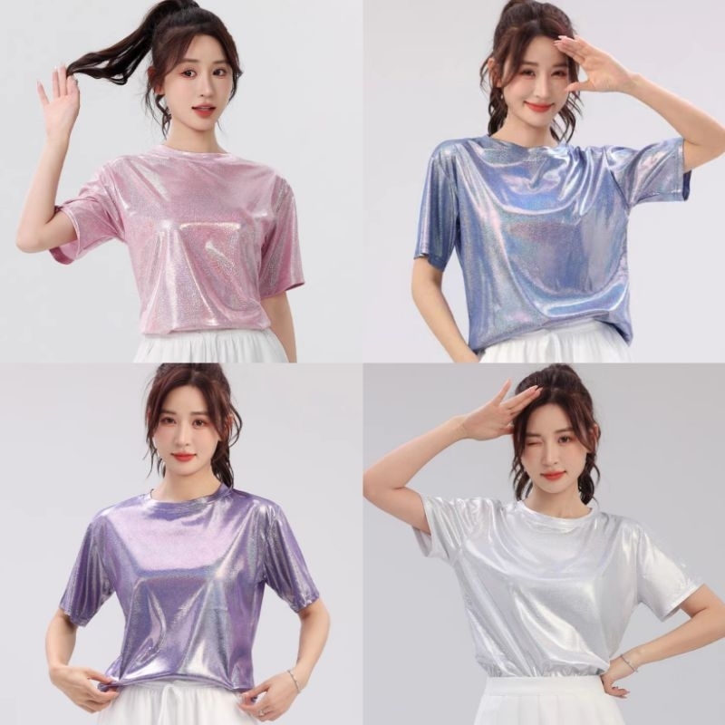 เสื้อเมทัลลิคคอกลมแขนสั้น เสื้อวิ้งๆ เสื้อกลิตเตอร์ผ้าบางเบา(สินค้าในไทย🇨🇷)