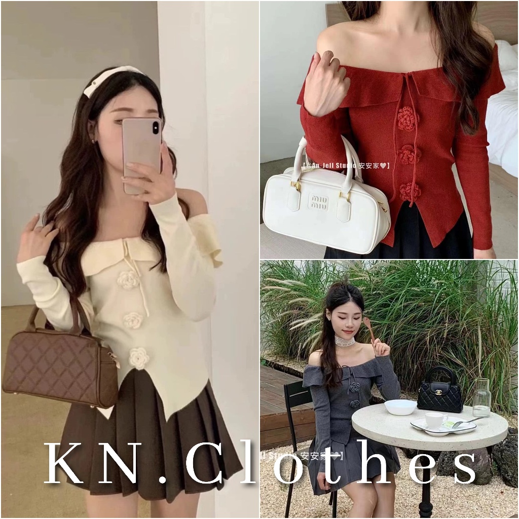 KN.Clothes เสื้อไหมพรมแขนยาว แต่งระบายรอบคอ ผูกโบว์หน้า กระดุมแต่ง TKT