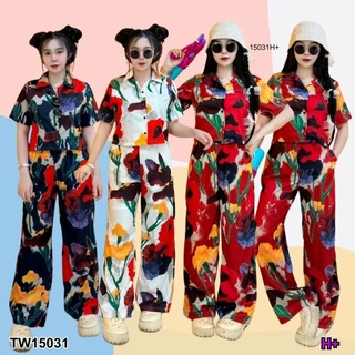 TT15031 Set 2 ชิ้น เสื้อเชิ้ตลายดอกไม้ + กางเกงขายาวเข้าเซต Set of 2 pieces. Floral shirt + trousers in a set.