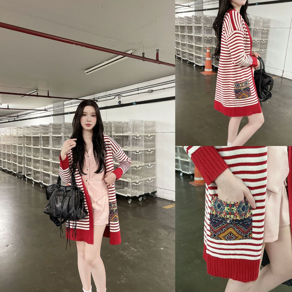 SLYQ GENEVE/SHIVER LONG KNIT CARDIGAN เสื้อคลุมตัวยาวผ้าไหมพรมถักสีขาวแต่งกระเป๋า