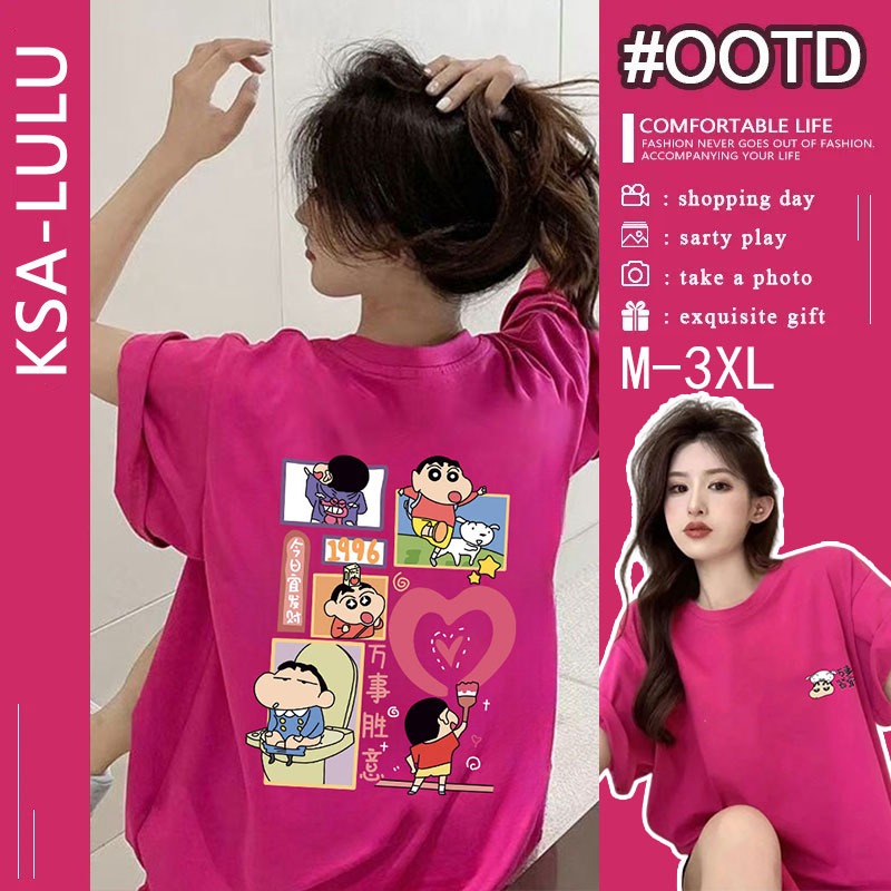เสื้อยืดลายการ์ตูนญี่ปุ่น ผ้าคอตตอน 100% oversize เสื้อผ้าสาวอวบไซส์ใหญ่ ไตล์เกาหลีแฟชั่นมาใหม่ เสื้อโอเวอร์ไซส์ผู้หญิง