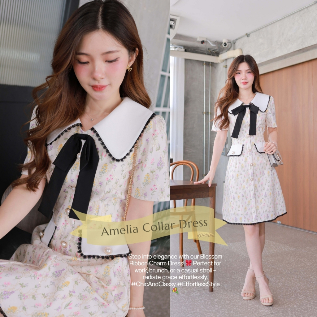 "Romi"Oil" Amelia Collar Dress (Cream) J541 ชุดเดรสสีครีม (คอปกแต่งลูกไม้ดำโบว์ดำ)