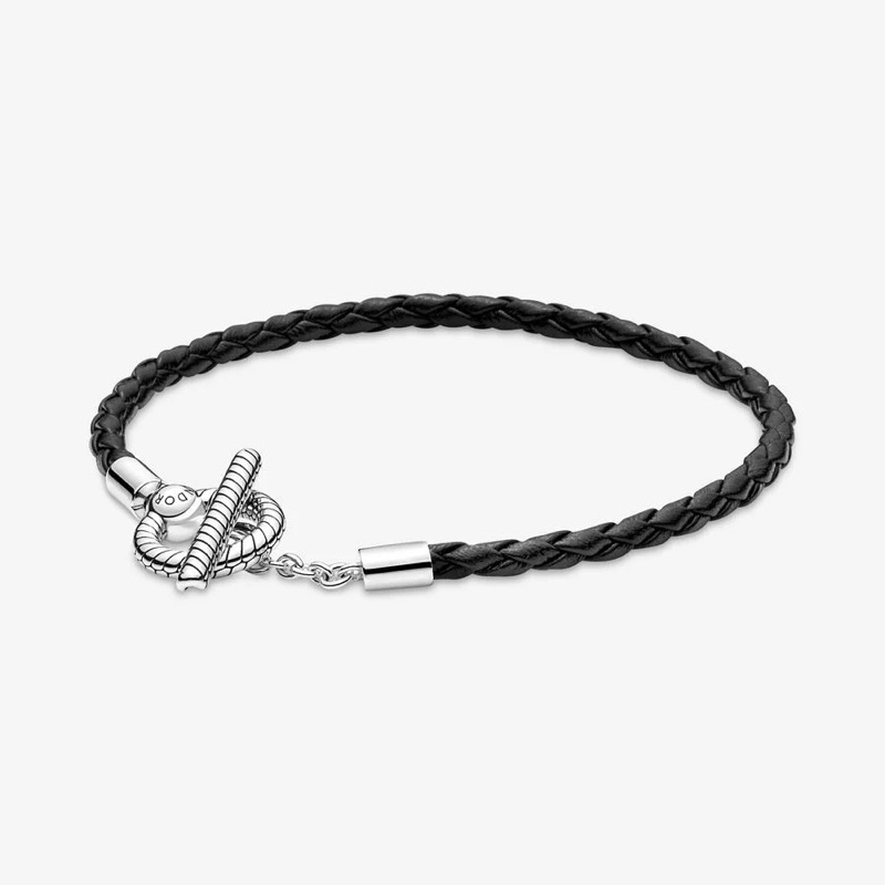 (ของแท้ พร้อมส่ง)Pandora Moments Leather T-bar Bracelet แพนโดร่าสร้อยข้อมือสายหนังสีดำ ของแท้ มือหนึ่งทุกชิ้น