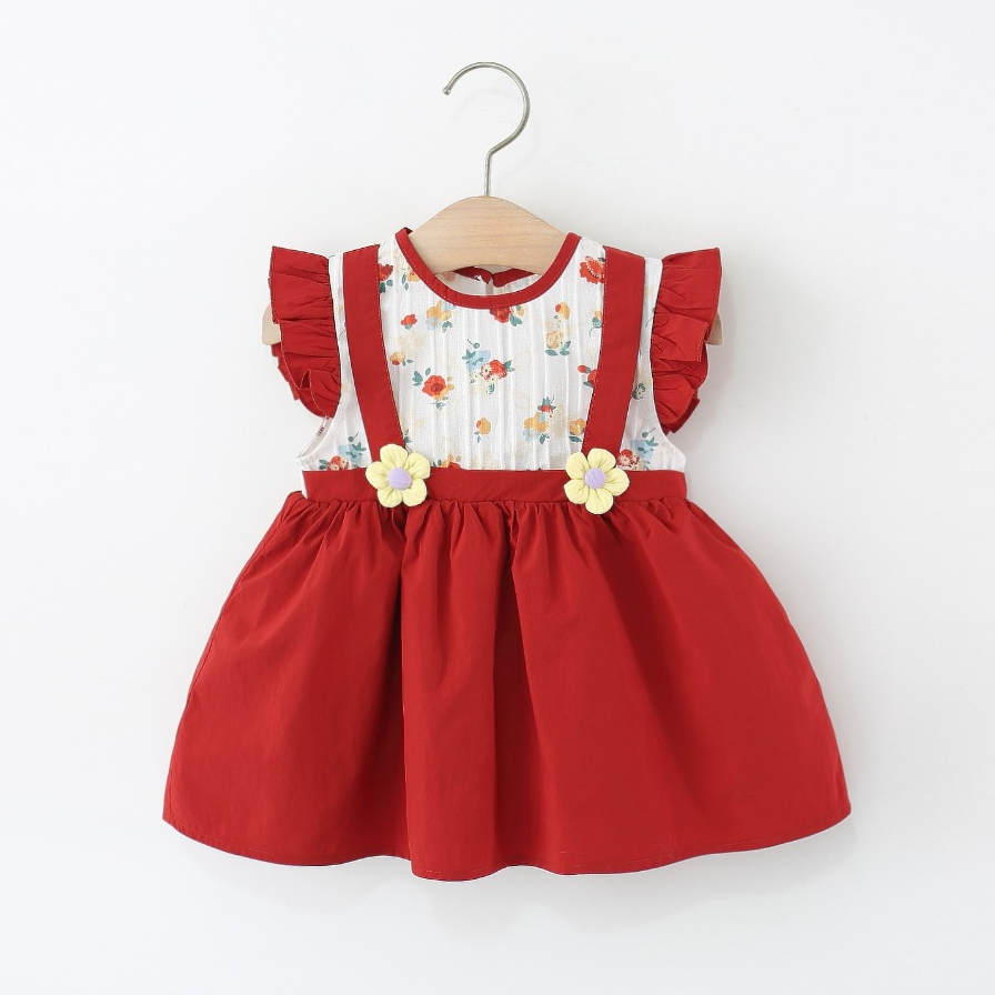 Babyonline(Y465)L6J3 (ส่งด่วน1วัน)ชุดเดรสกระโปรงแขนกุดลายดอกไม้สำหรับเด็กผู้หญิง ผ้าฝ้าย มีกระดุมหลัง - รูปที่ 4