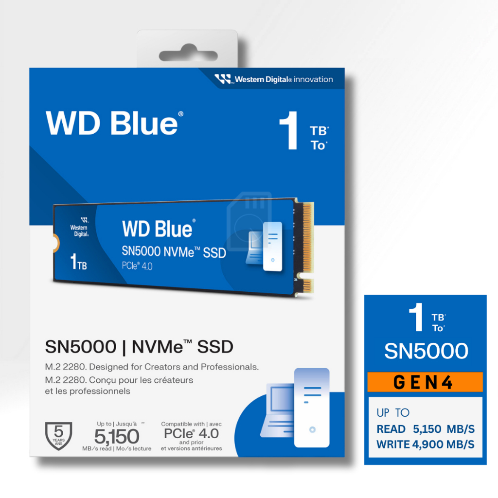WD Blue SN5000 SSD  2TB ,1TB M.2 2280 NVMe Gen4 Speed Up to 5,150MB/s ,5Y  WDS100T4B0E , WDS200T4B0E