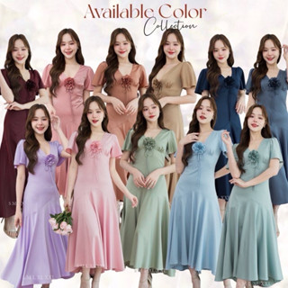 ชุดเดรส ชุดออกงาน ชุดราตรี FP051 เกรดพรีเมี่ยม คอวีแขนสั้น แ…