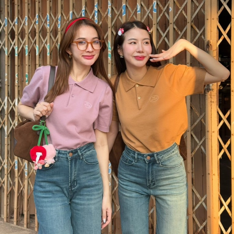 PP3558 เสื้อไหมพรมแขนสั้นคอปกมีกระดุม - PLOY