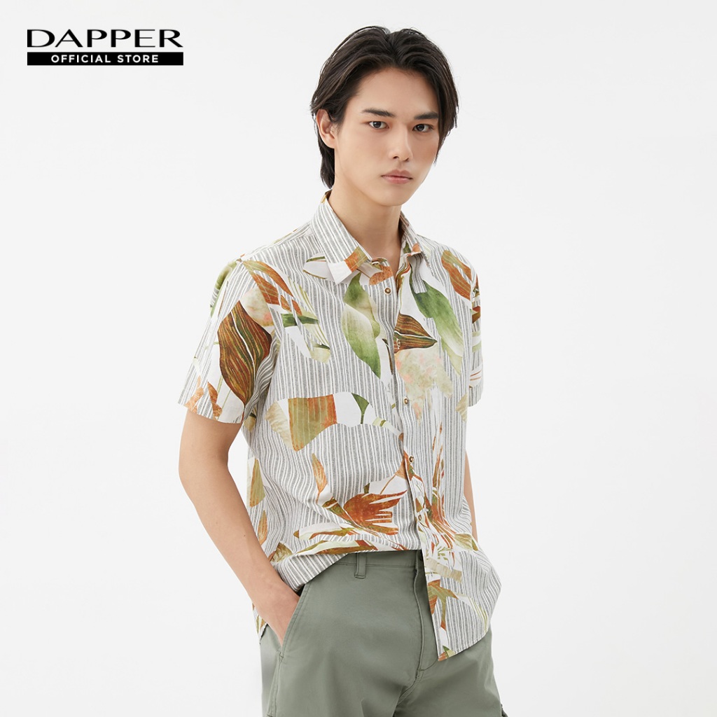 DAPPER เสื้อเชิ้ตแขนสั้น Botanical Leaf Print สีเทา (BCS/GY/387TP)