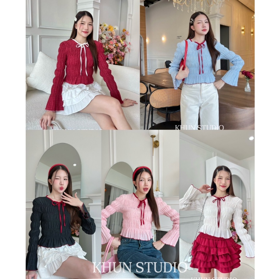 เสื้อครอปแขนยาวจับย่น เสื้อจับย่นแขนยาวงานน่ารักสีสลับ งานสีแดง/ตรุษจีน สีแดง ป้าย KHUN. (K002)