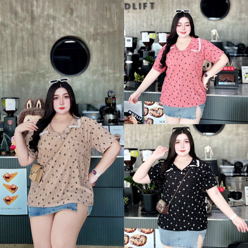 เสื้อคอปกสาวอวบลายโบว์อก54