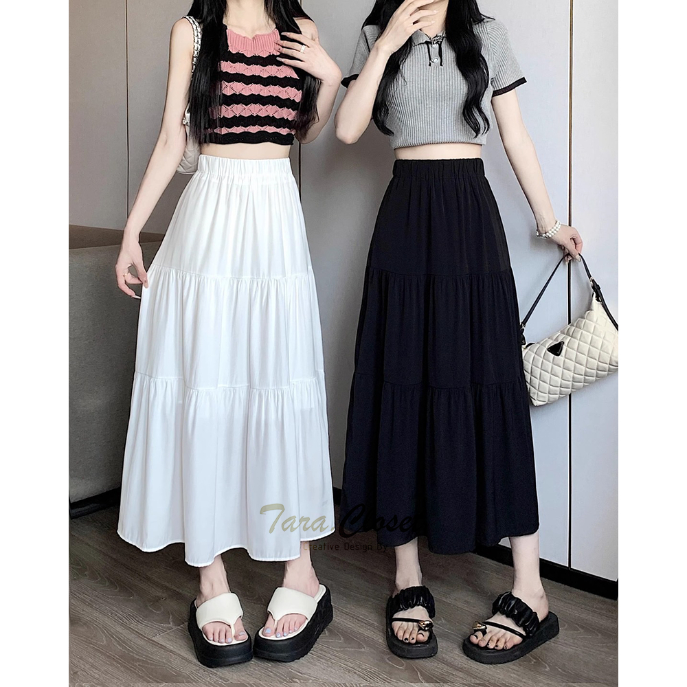 BA072 TARA SKIRT กระโปรง เอวสูง สม็อครอบเอว เย็บแต่งเป็น 3 ชั้น ผ้าไหมอิตาลี ผ้าดี ใส่สบาย ไม่ร้อน ผ้าไม่ต้องรีด