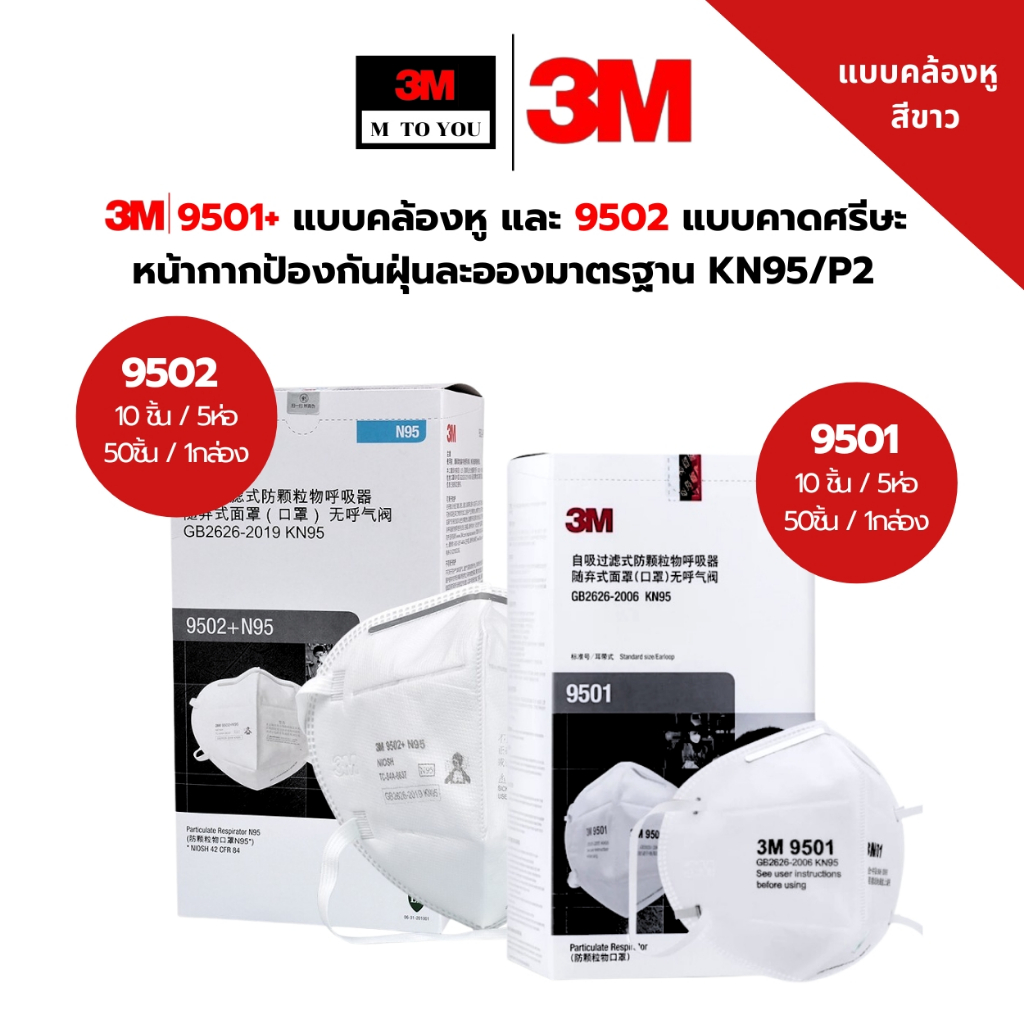 3M 9501+คล้องหู และ 9502 แบบคาดศรีษะ หน้ากากป้องกันฝุ่นละอองแบบคล้องหู มาตรฐาน KN95/P2 (บรรจุ2ชิ้น/ห่อ) (1กล่อง/50ชิ้น)
