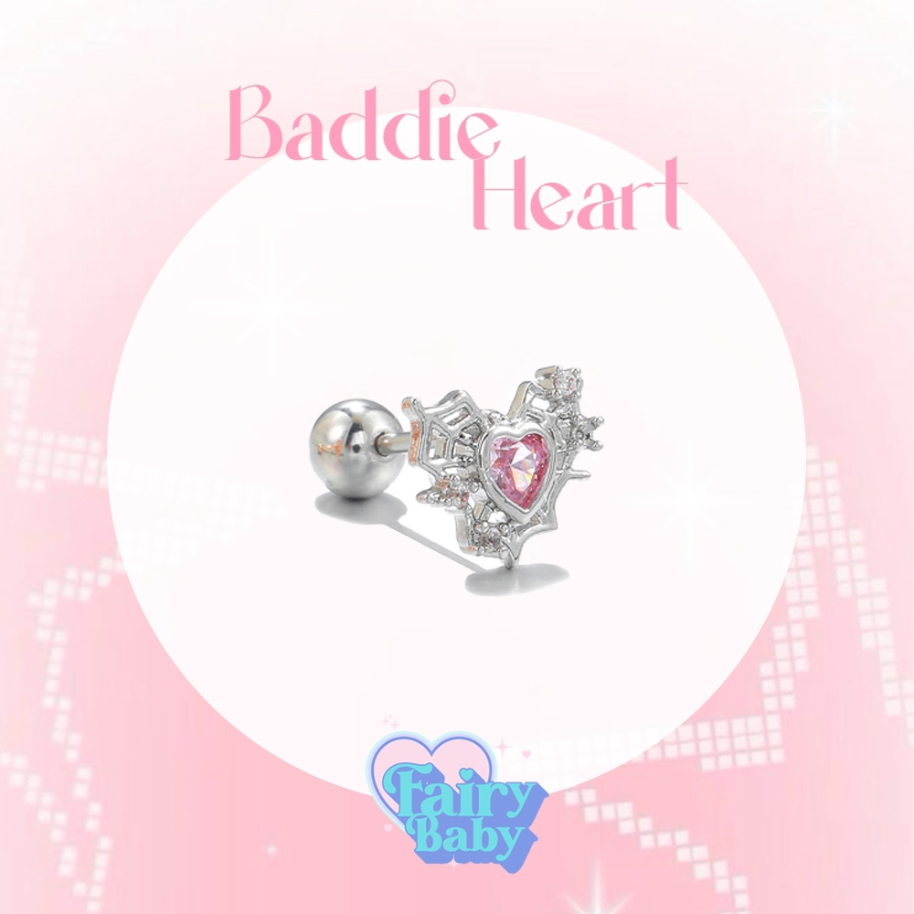Fairybaby จิว Baddie Heart (1ชิ้น) จิวหู จิวต่างหู รูป หัวใจ ดีไซน์ เท่ๆ โทนสีชมพู (J1-015)