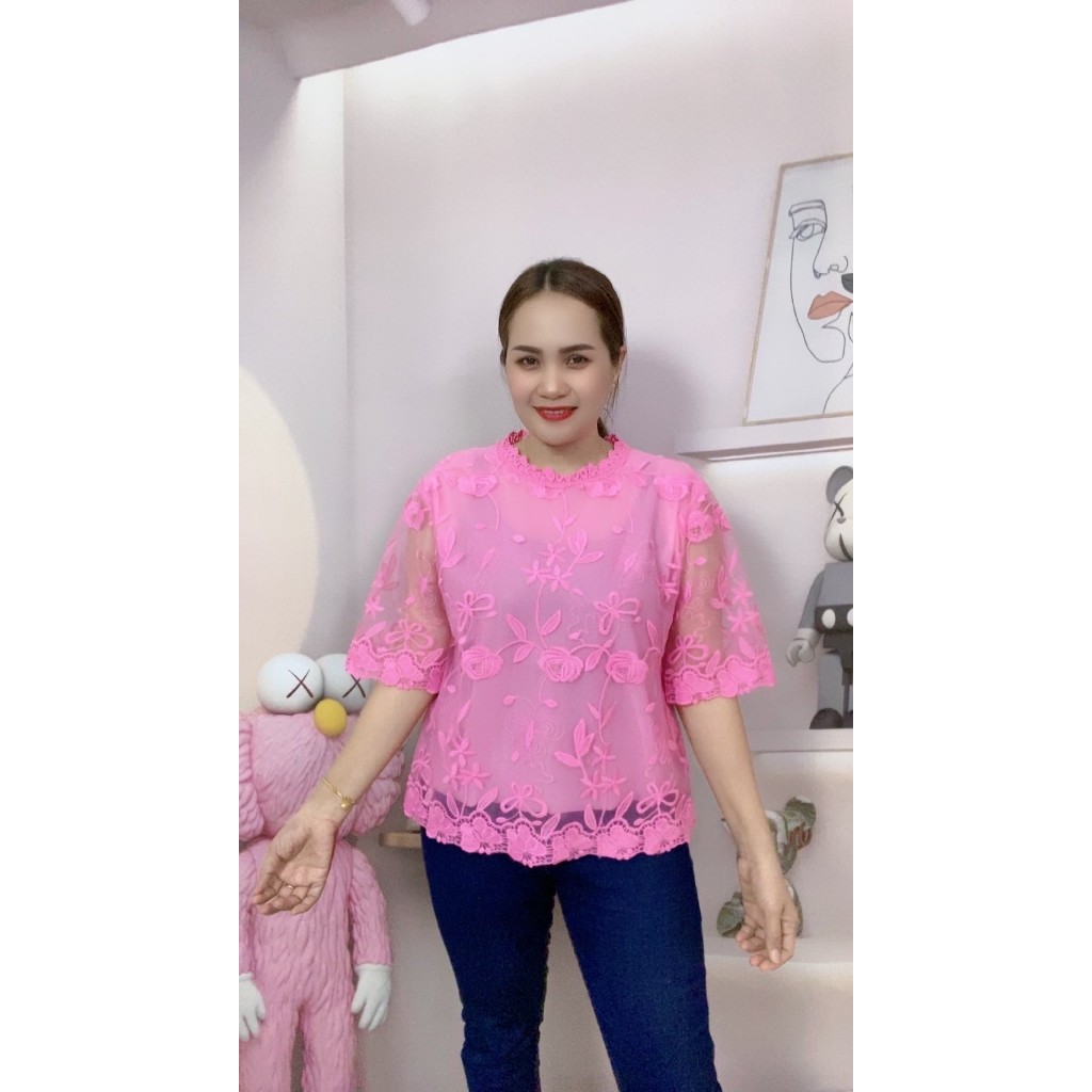 เสื้อลูกไม้ เสื้อลูกไม้ผู้หญิง เสื้อลูกไม้สีดำ  ผ้าแก้ว รอบอก46นิ้ว มีซับในตัว ทรงสวย รุ่น4677-6