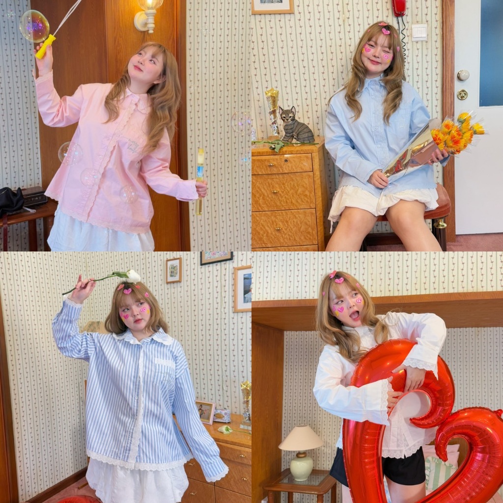 (Pre 7-10 วัน) Eclair Shirt  🦌 เสื้อเชิ้ตแต่งลูกไม้เรียบๆคลาสสิค (T0185) - Merrychubbyhouse