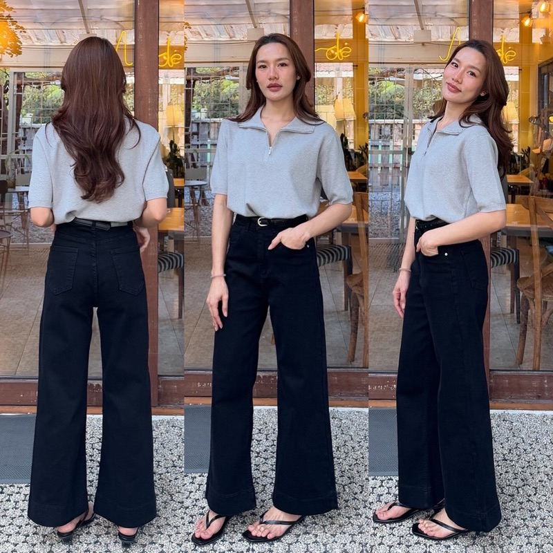 Gagel Jeans ยีนส์ขาเต่อสุด cute ยีนส์เอวสูงขากระบอกกลางผ้ายีนส์ยืดพรีเมี่ยม