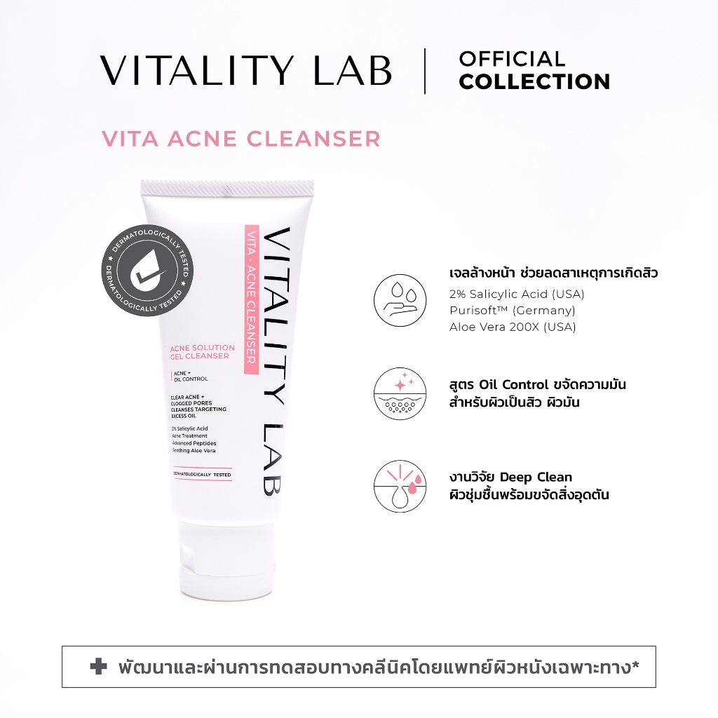 เจลล้างหน้า Acne-Cleanser สำหรับผิวเป็นสิวและผิวมัน พร้อม 2% Salicylic Acid, Aloe Vera และ Tea Tree 