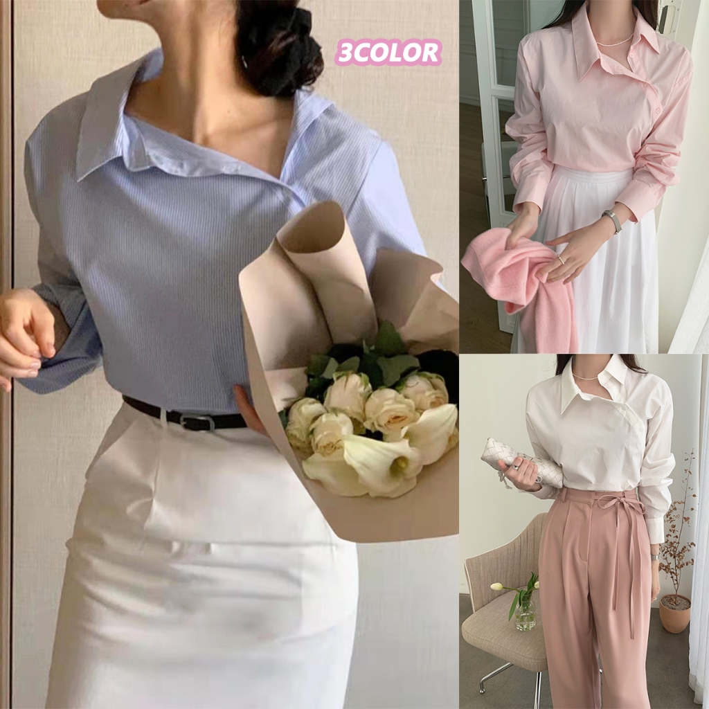 👚Konw👚❤️W286❤️ เสื้อเชิ้ตแขนยาว ทรงหลวม ลายทาง สีฟ้าอ่อน ผ้าบางใส่สบาย สีพาสเทลน่ารักมาก แฟชั่นเกาหลี