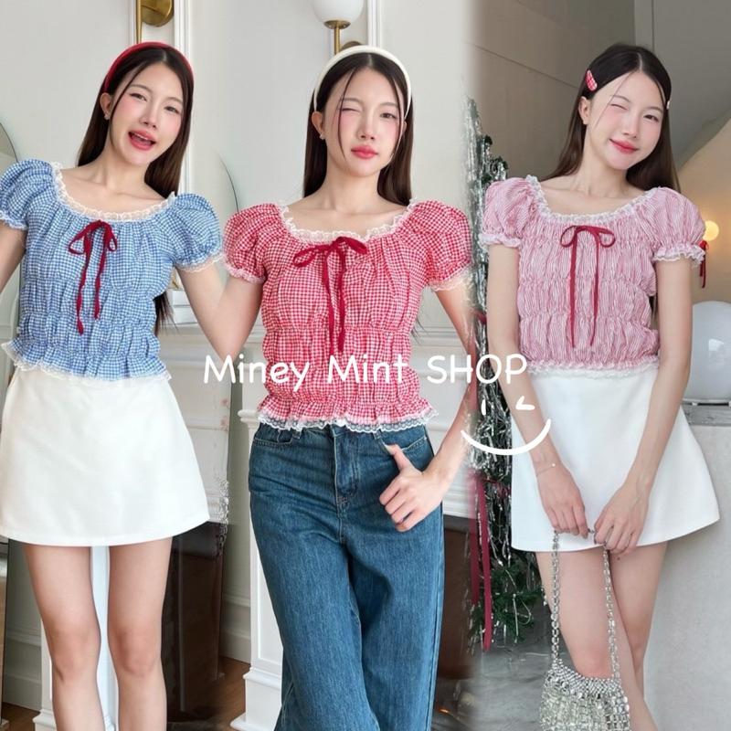 miniminey เสื้อแขนตุ๊กตา สม็อคตัว ผ้าคอตตอนแท้ แต่งโบว์แดงน่ารัก