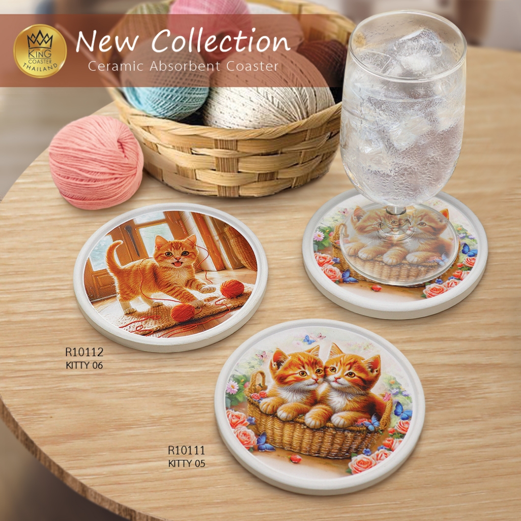 จานรองแก้วดูดน้ำ ทรงหลมมีขอบ ลาย KITTY ที่รองแก้วซับน้ำ King Coaster  ธนบดีเซรามิคลำปาง ceramic coaster ของฝาก