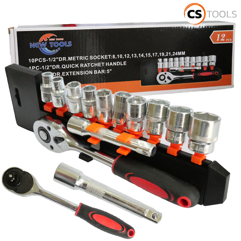 NEW TOOLS ชุดบล็อก ชุดประแจบล๊อค (เบอร์ 8-24 mm) 12 ชิ้น ขนาด 1/2 สินค้าเป็นเหล็กเกรด CR-V JAPAN BRA