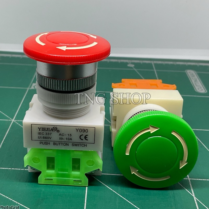 สวิตช์ ดอกเห็ด Emergency Switch   สวิตช์ฉุกเฉิน.  คอ 22 มิล. 2คอนแทค 1NO 1NC