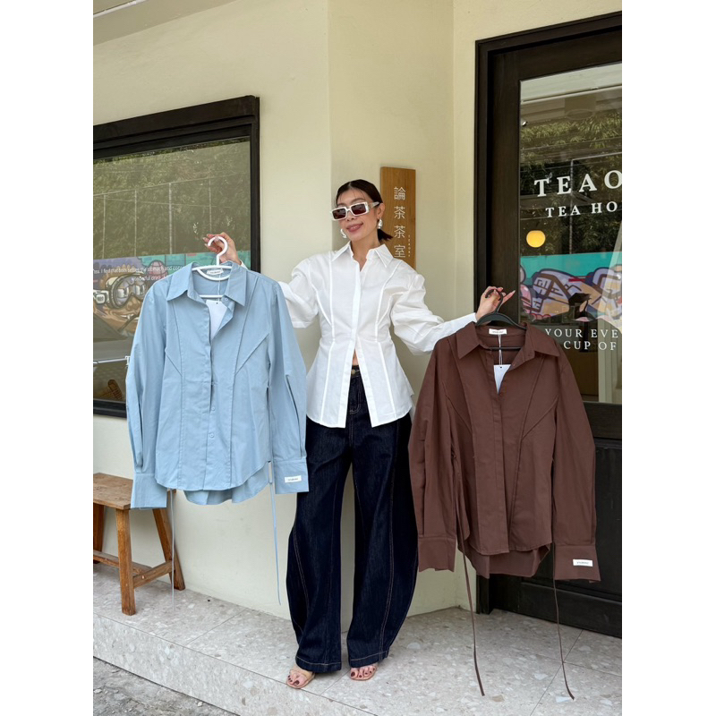 25025⚡️🇰🇷New Arrival 🇰🇷⚡️ Barrel Long Sleeves Shirt เสื้อเชิ้ตแขนโค้ง ชายโค้ง ทรงเข้ารูป ตัวเสื้อยาวปิดสะโพก studiox2