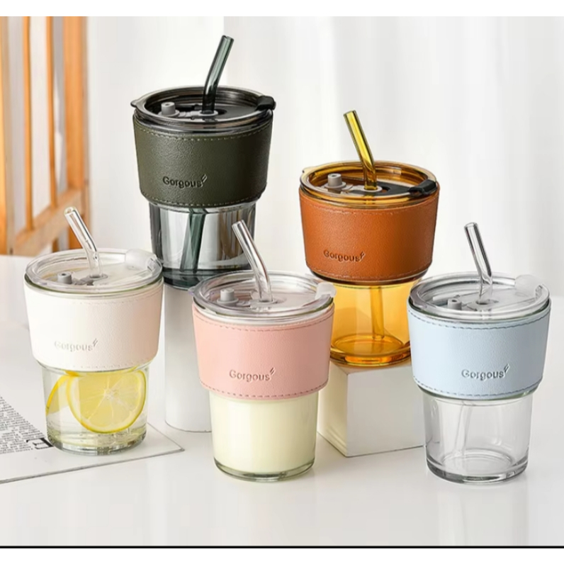 สีใหม่ ฟ้า แดง เหลือง แก้วกาแฟ 450ml แก้วน้ำ เก็บความเย็น / ร้อน ฝาปิด มีหลอด ในตัว ปลอกแก้วหนัง กันความร้อน กันความเย็น