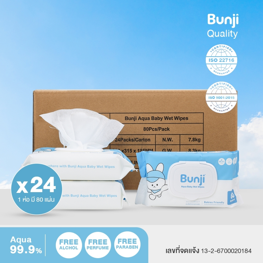 [ยกลัง 24 ห่อ ] Bunji Aqua Baby Wet Wipes บันจิ ทิชชู่เปียก สูตรน้ำแร่ 99.9%